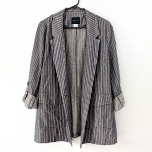 Bobi Black Women's Linen Blend Oversized Striped Gray Blazer Artsy Indie ~Size L